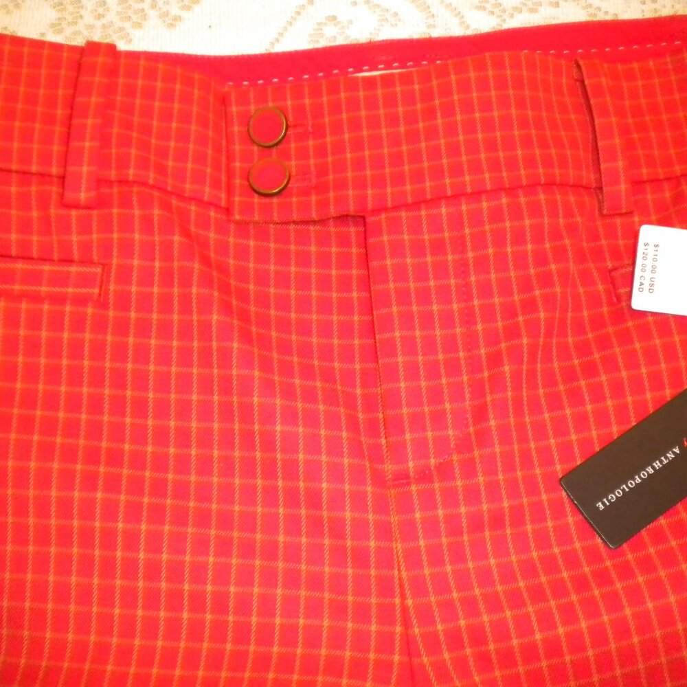 Anthropologie Womens The Essential Slim Trousers Size 4 Red Rouge Windowpane NWT
